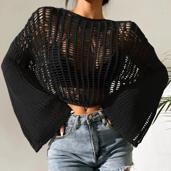 Knit Bell Sleeve Netted Sweater - Picture 5 of 15